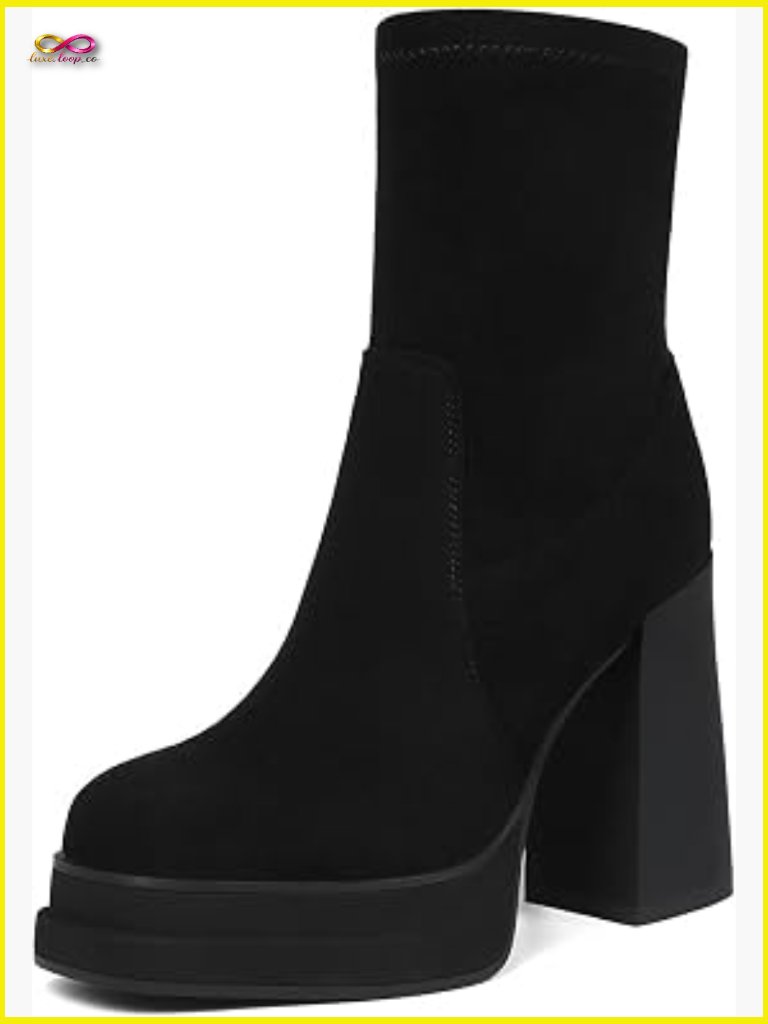 Chunky High Heel Platform Ankle Boots Square Toe Stretchy Short Combat Booties